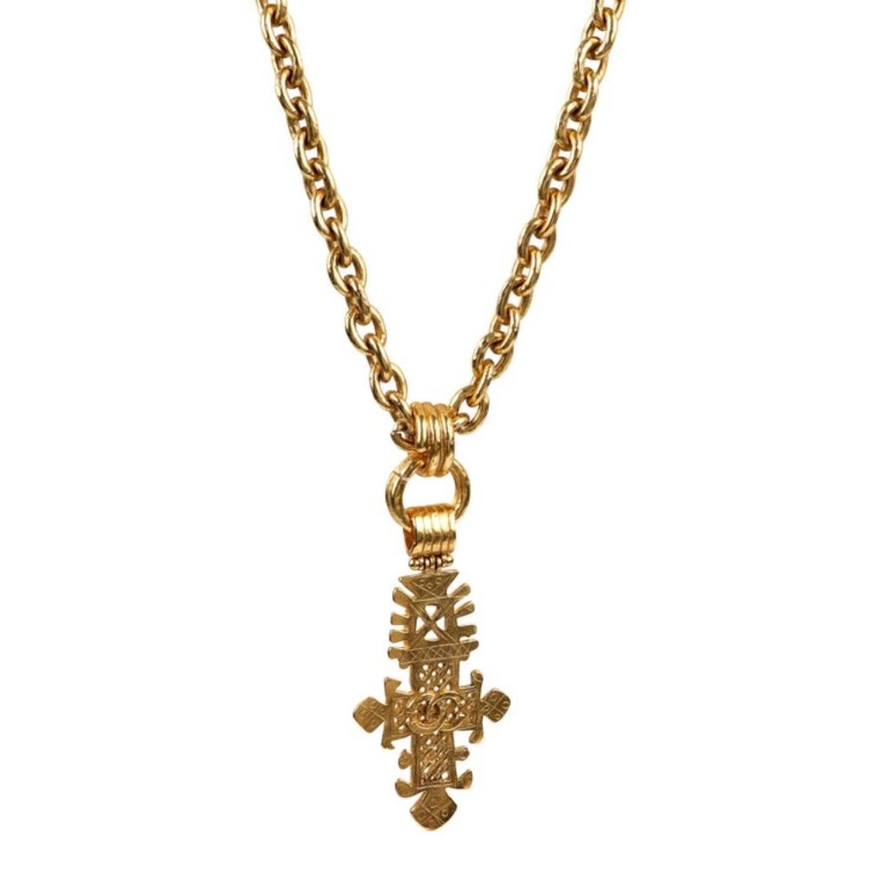 Chanel Vintage Large Gold CC Ornate Cross Necklace
